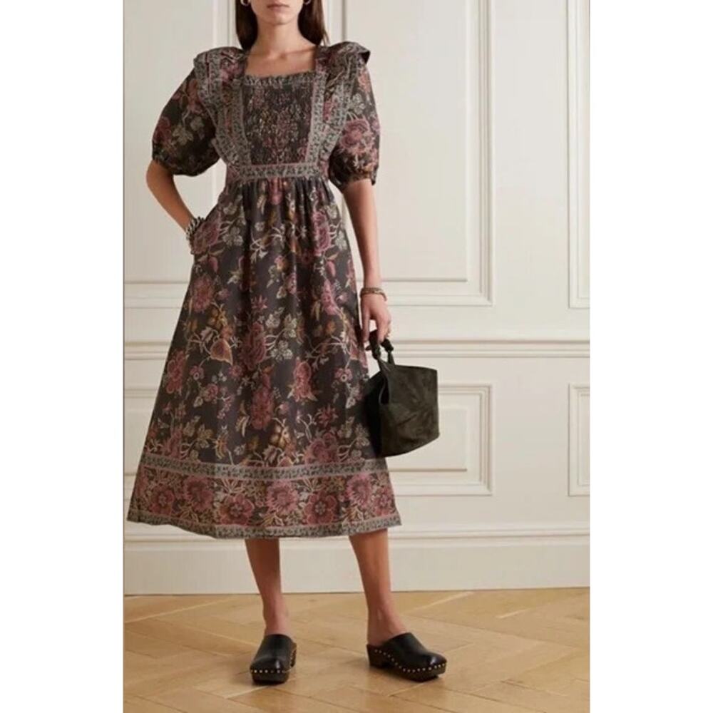 Sea New York Tess Print Smocked Puff Sleeve Midi Dress Black Floral size 00 XS